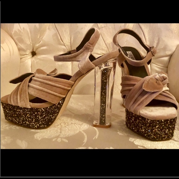 VELVET BOW GLITTER PLATFORM/LUCITE GLITTER HEEL - Picture 3 of 7